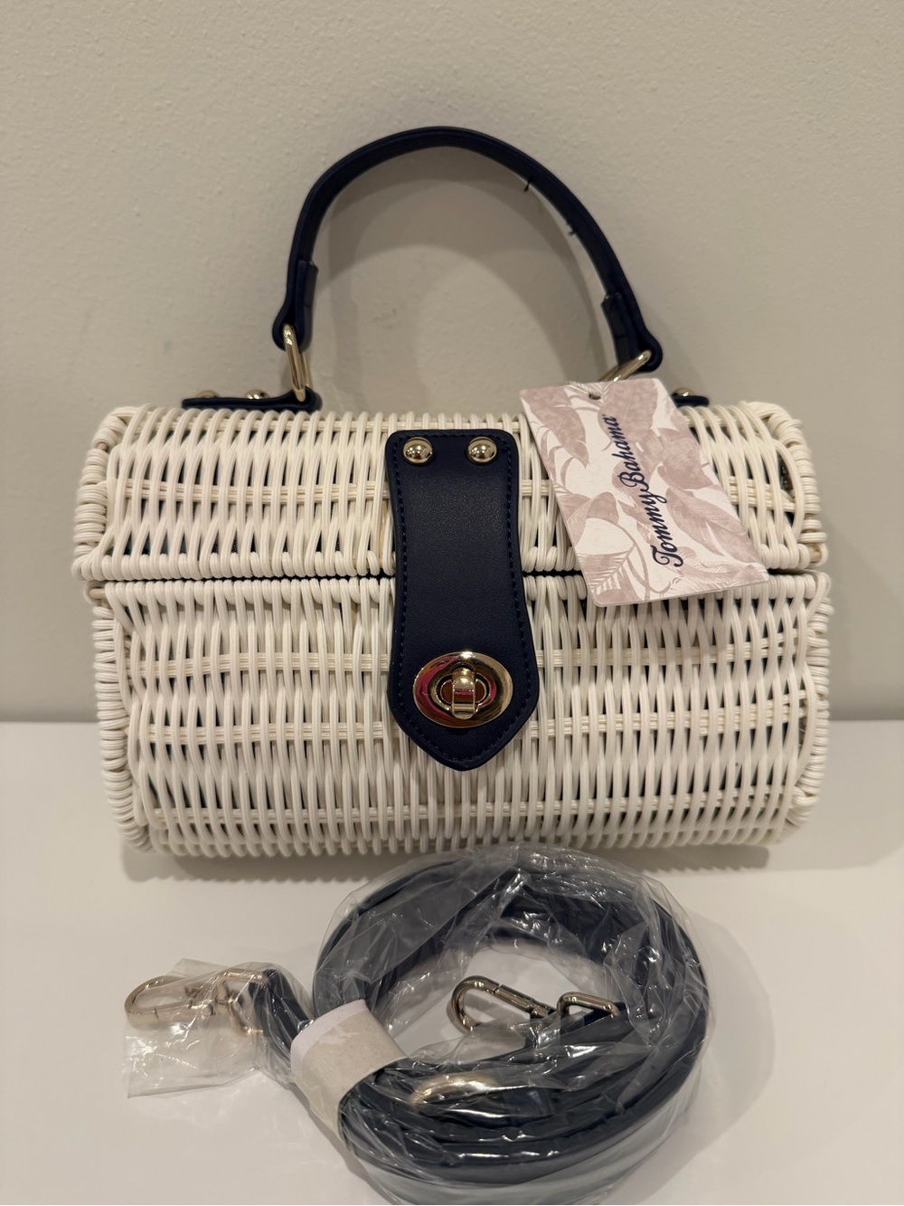 Tommy Bahama White Wicker Mini Top-Handle Bag with Navy Trim